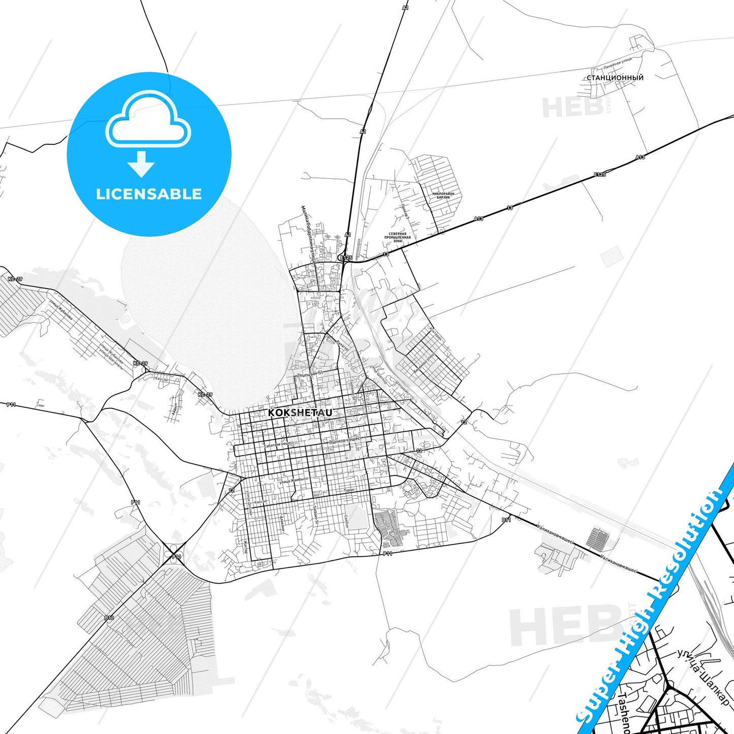 Kokshetau, Kazakhstan light map with streetnames, citynames and districts
