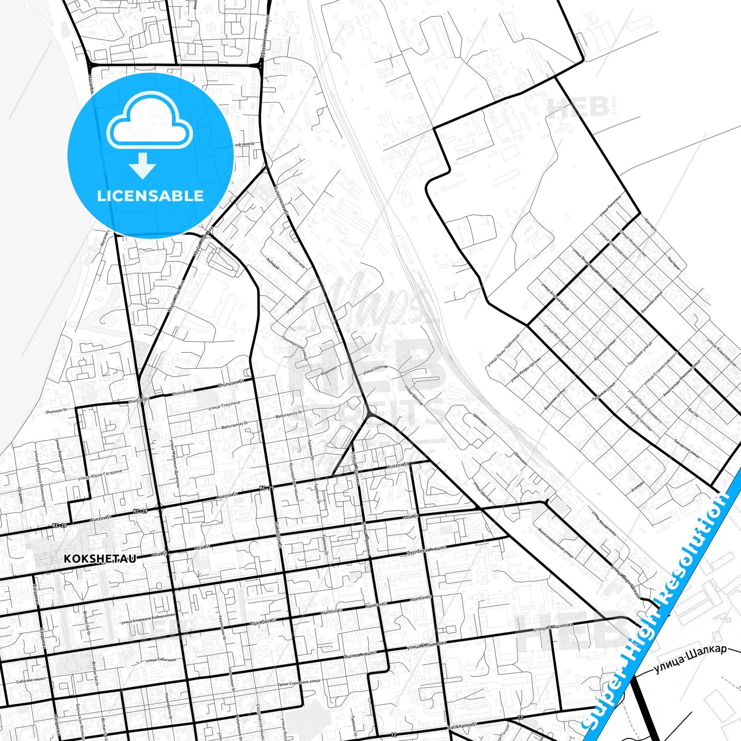 Kokshetau, Kazakhstan Light Map with Street Names, City Names, and Districts