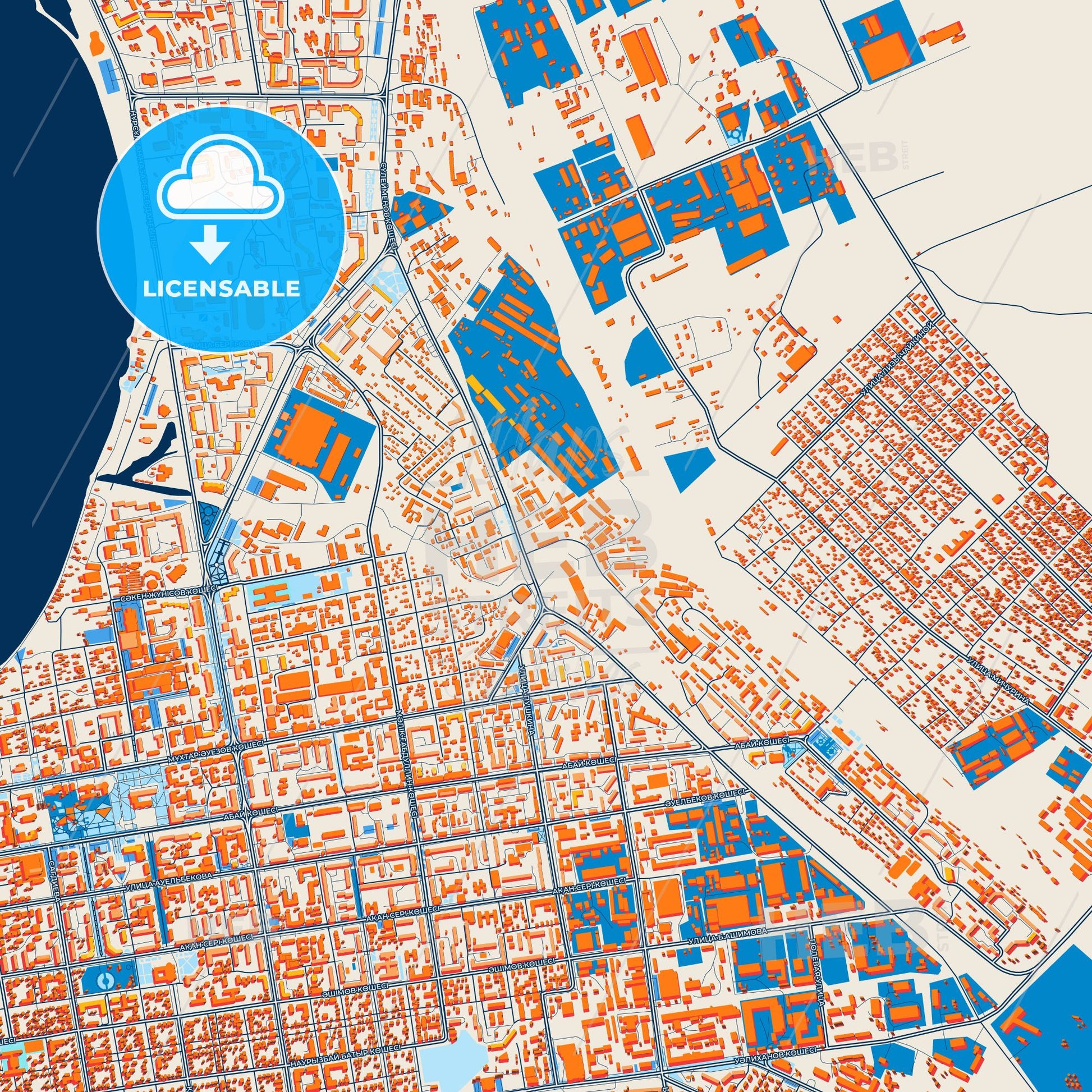 Colorful Kokshetau Street Map with Labels and Buildings