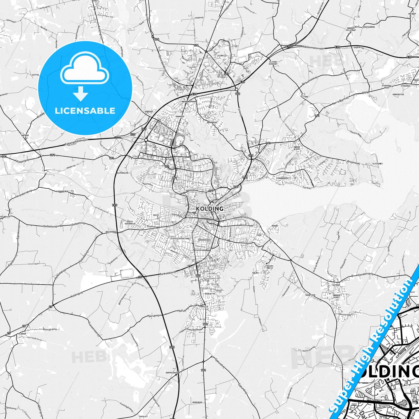 Kolding, Denmark light map with streetnames, citynames and districts