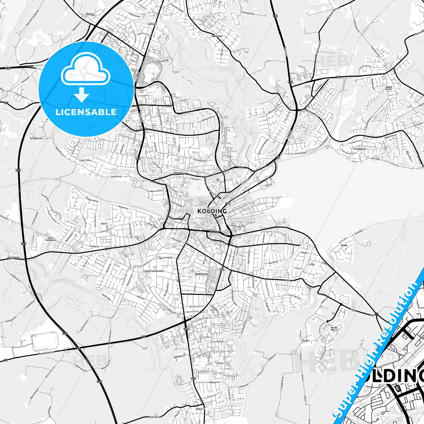 Kolding, Denmark Light Map with Street Names, City Names, and Districts