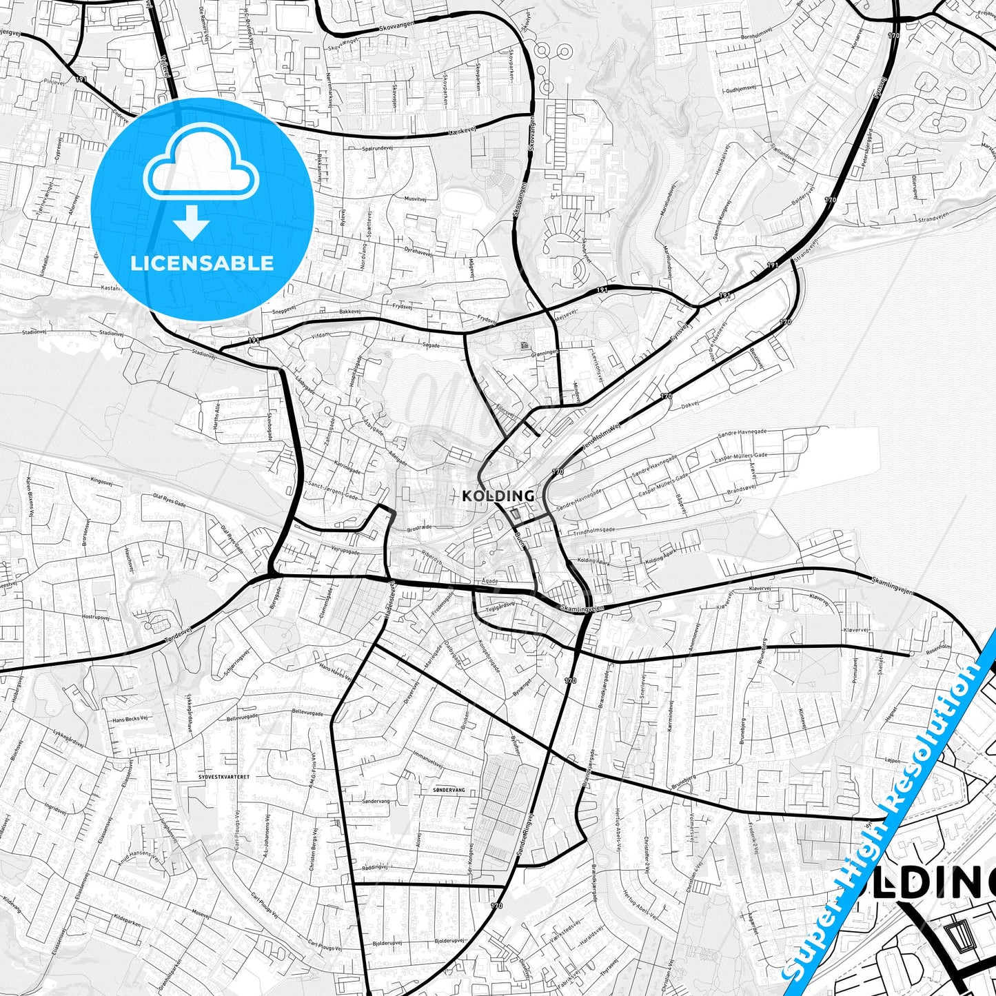 Kolding, Denmark Light Map with Street Names, City Names, and Districts