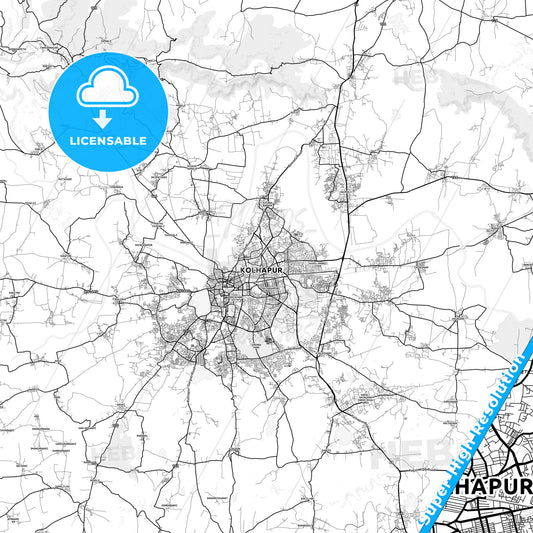 Kolhapur, India light map with streetnames, citynames and districts