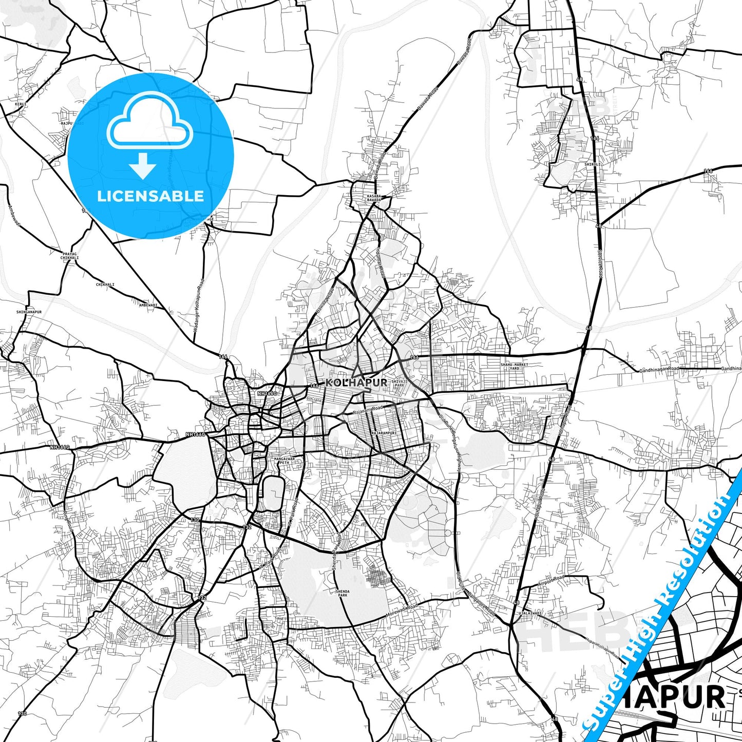 Kolhapur, India Light Map with Street Names, City Names, and Districts