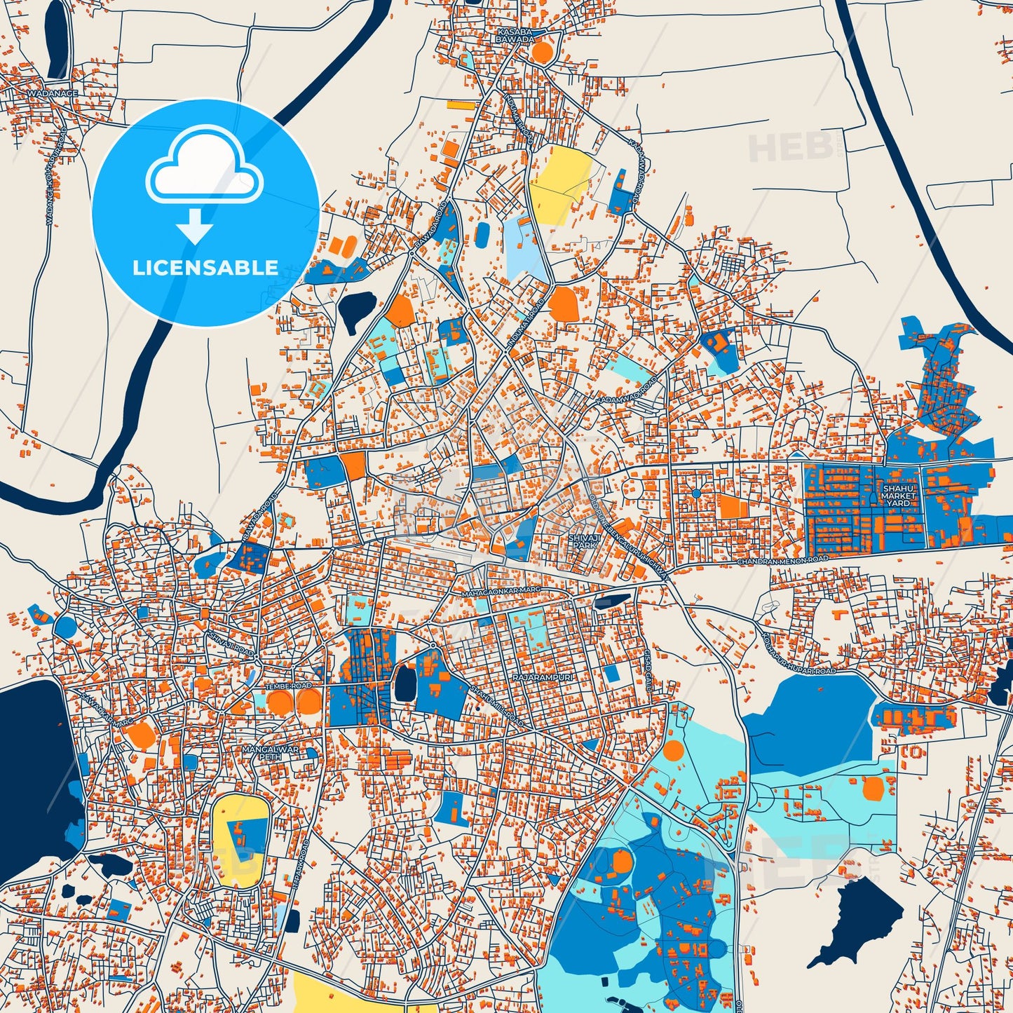 Colorful Kolhapur Street Map with Labels and Buildings