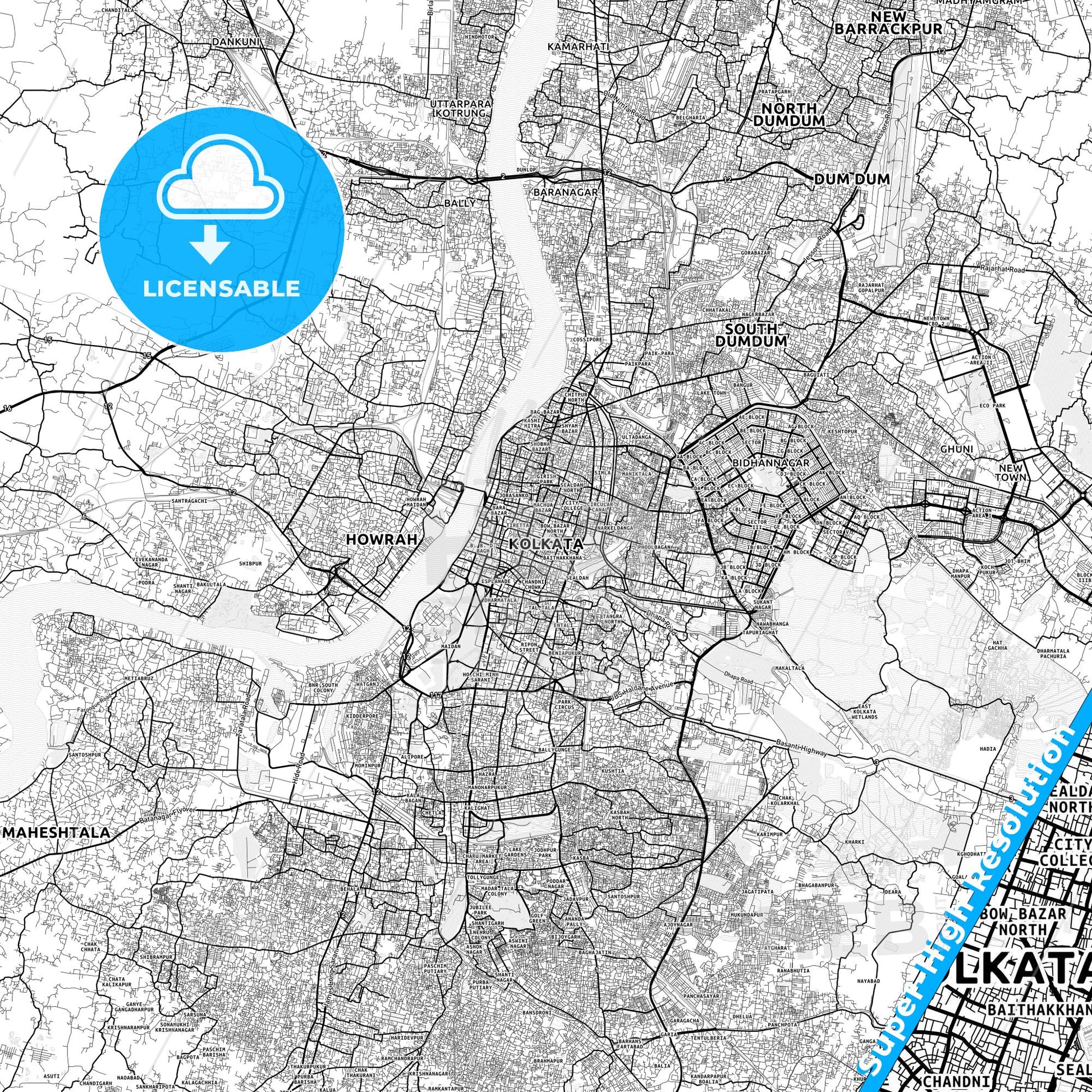 Kolkata, India light map with streetnames, citynames and districts