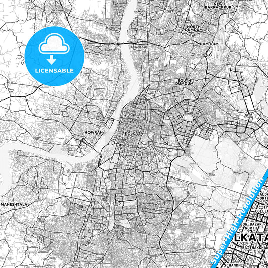 Kolkata, India light map with streetnames, citynames and districts