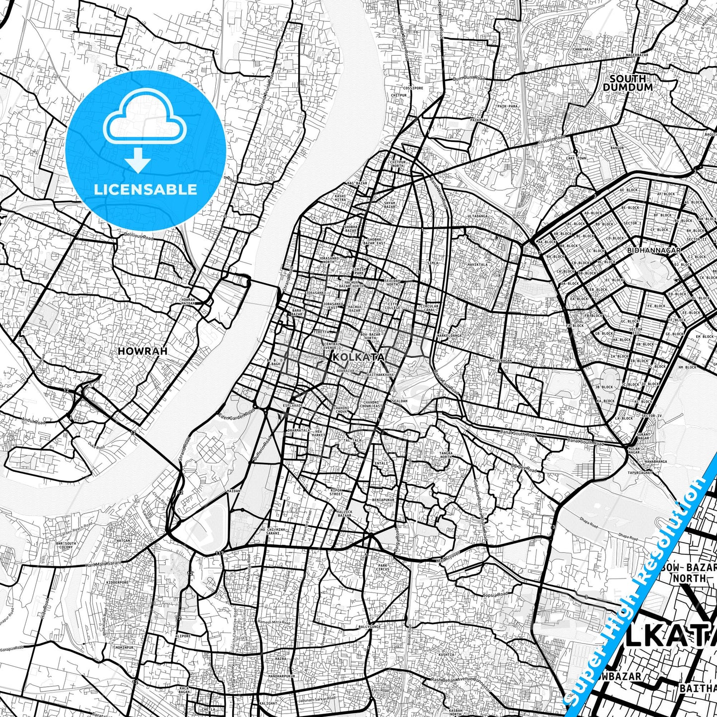 Kolkata, India Light Map with Street Names, City Names, and Districts