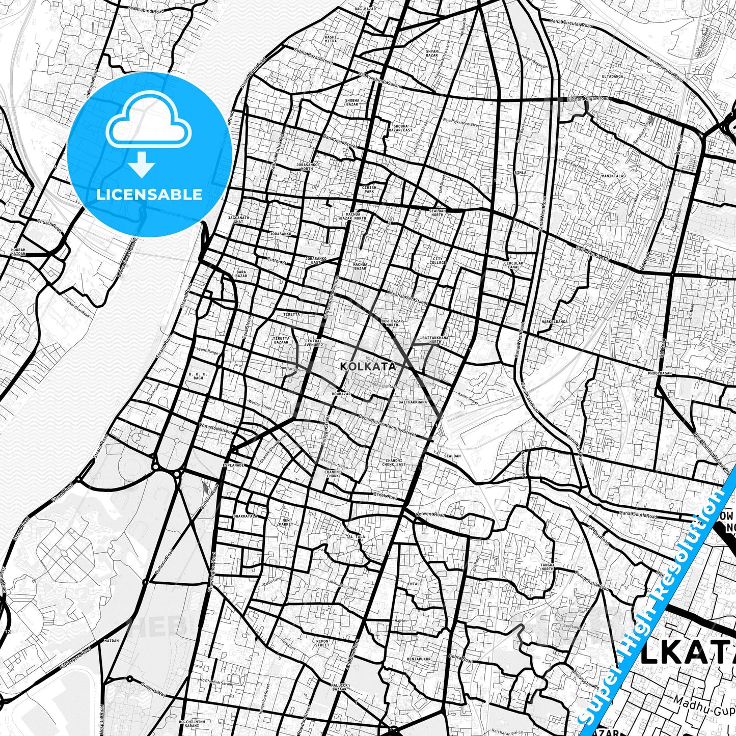 Kolkata, India Light Map with Street Names, City Names, and Districts