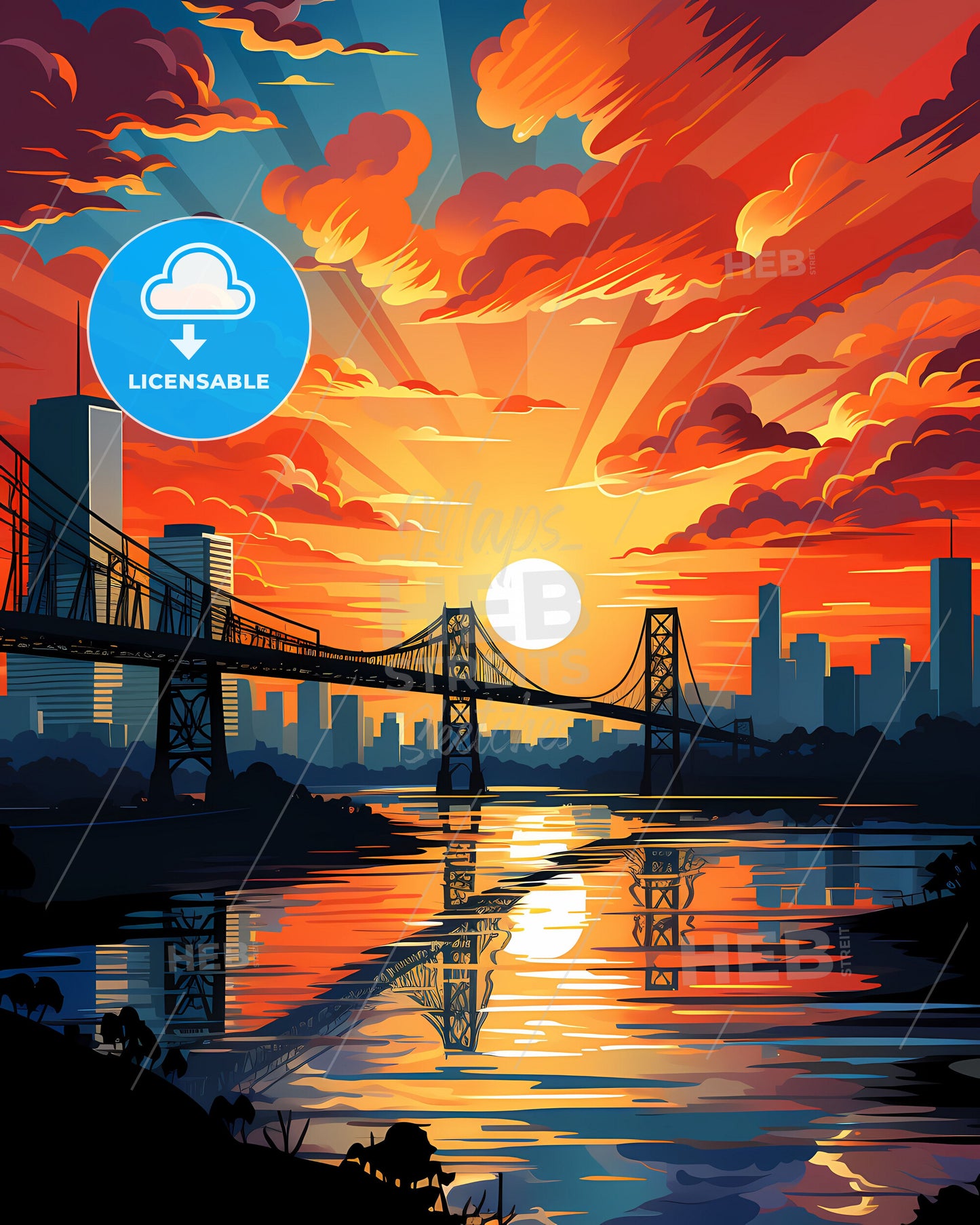 Kolkata India Skyline Artistic Cityscape City River Bridge Vibrant colors brightly colored artistic vibrant art