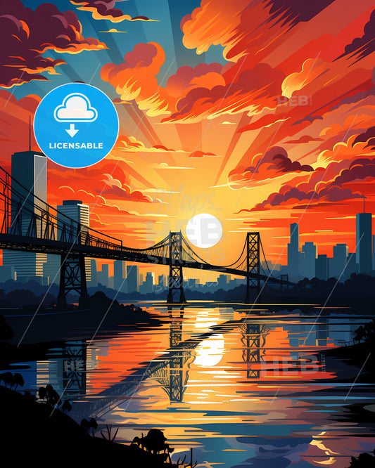 Kolkata India Skyline Artistic Cityscape City River Bridge Vibrant colors brightly colored artistic vibrant art