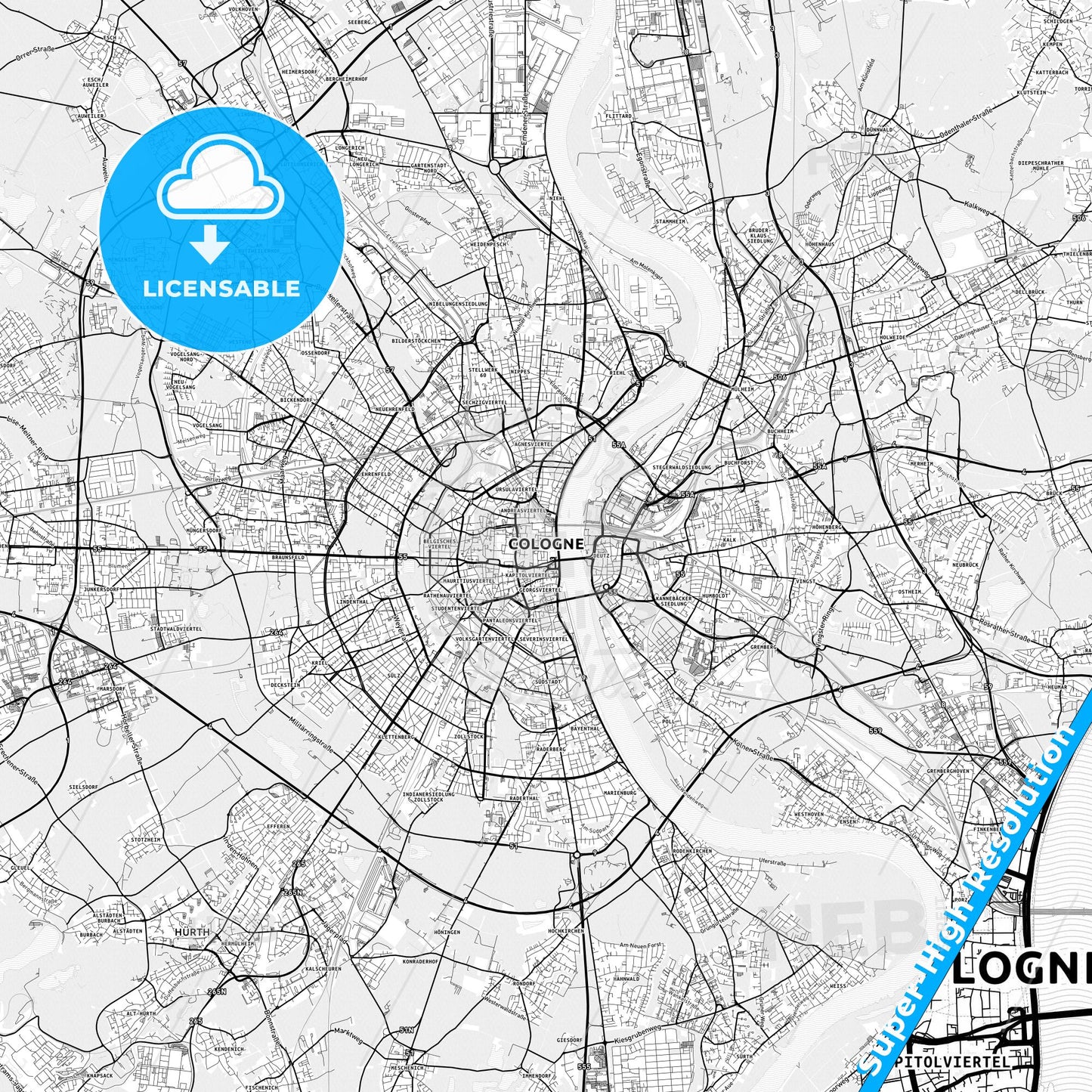Cologne, Germany light map with streetnames, citynames and districts