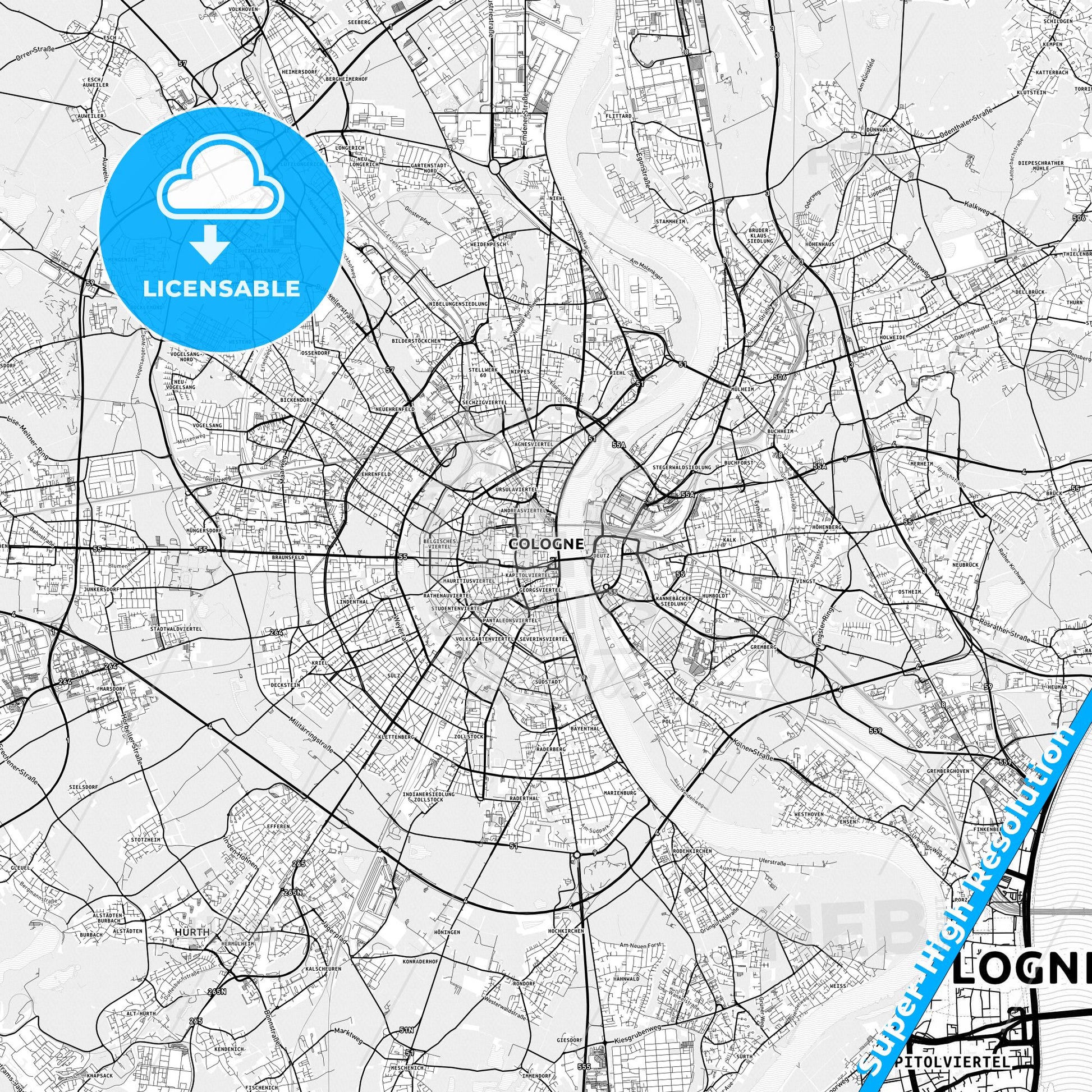Cologne, Germany light map with streetnames, citynames and districts