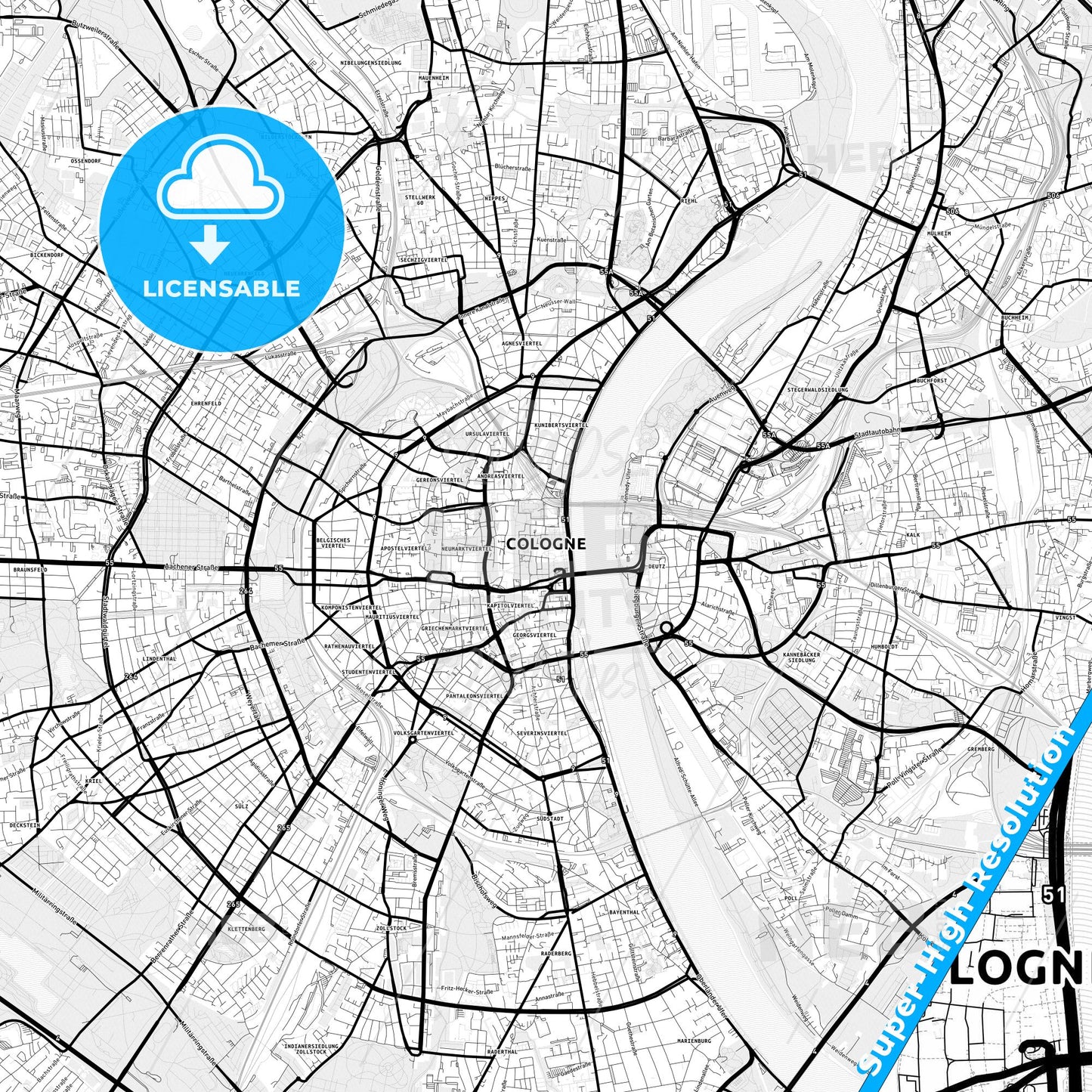 Cologne, Germany Light Map with Street Names, City Names, and Districts