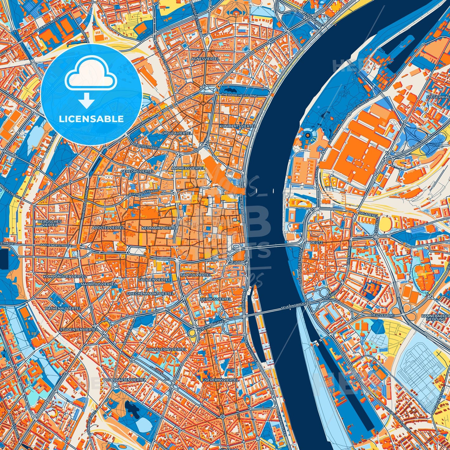 Colorful Cologne Street Map with Labels and Buildings