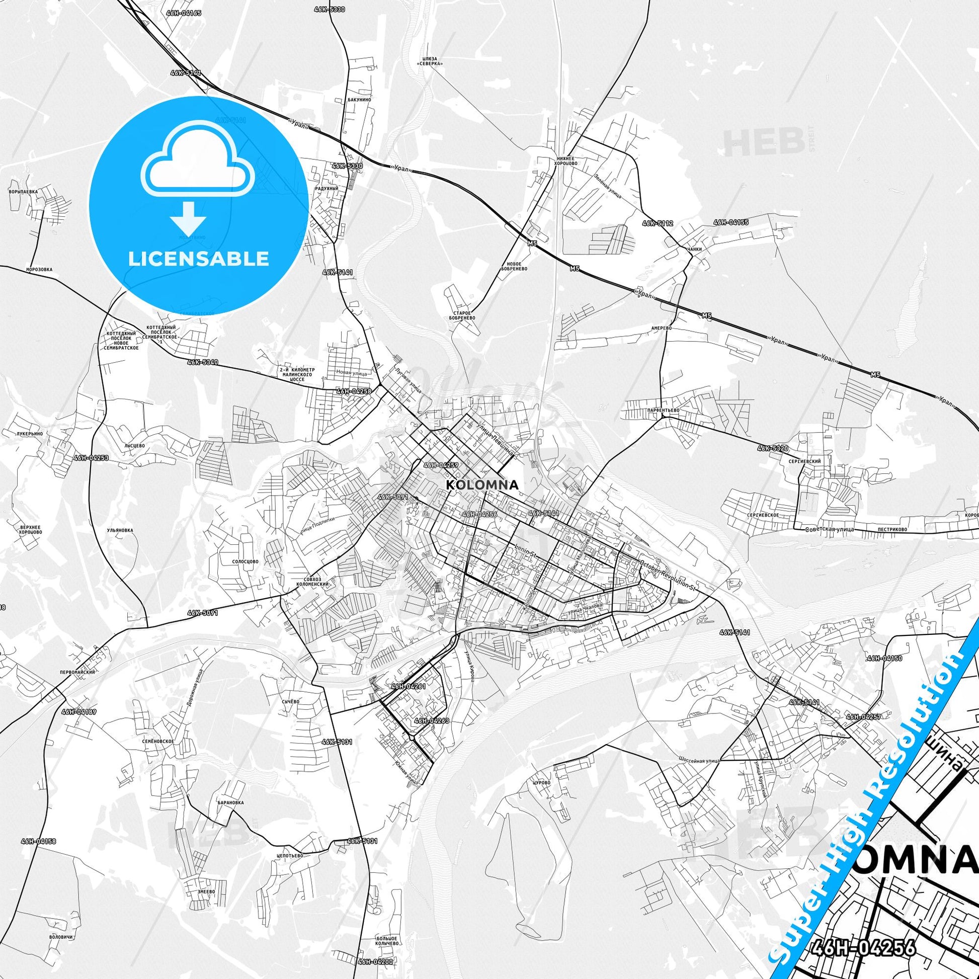 Kolomna, Russia light map with streetnames, citynames and districts