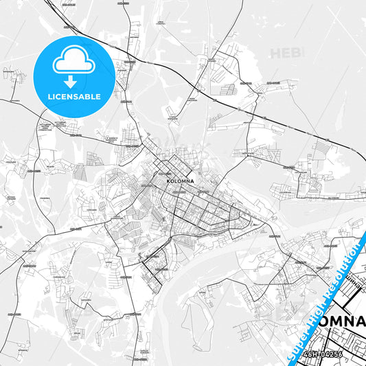 Kolomna, Russia light map with streetnames, citynames and districts