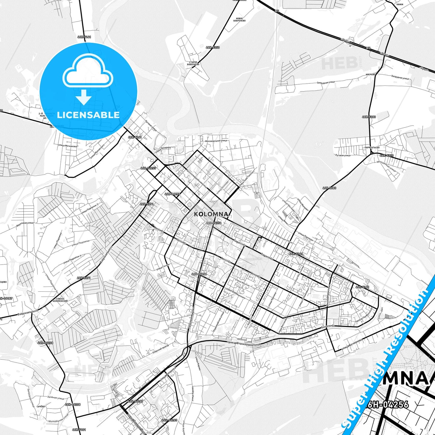 Kolomna, Russia Light Map with Street Names, City Names, and Districts
