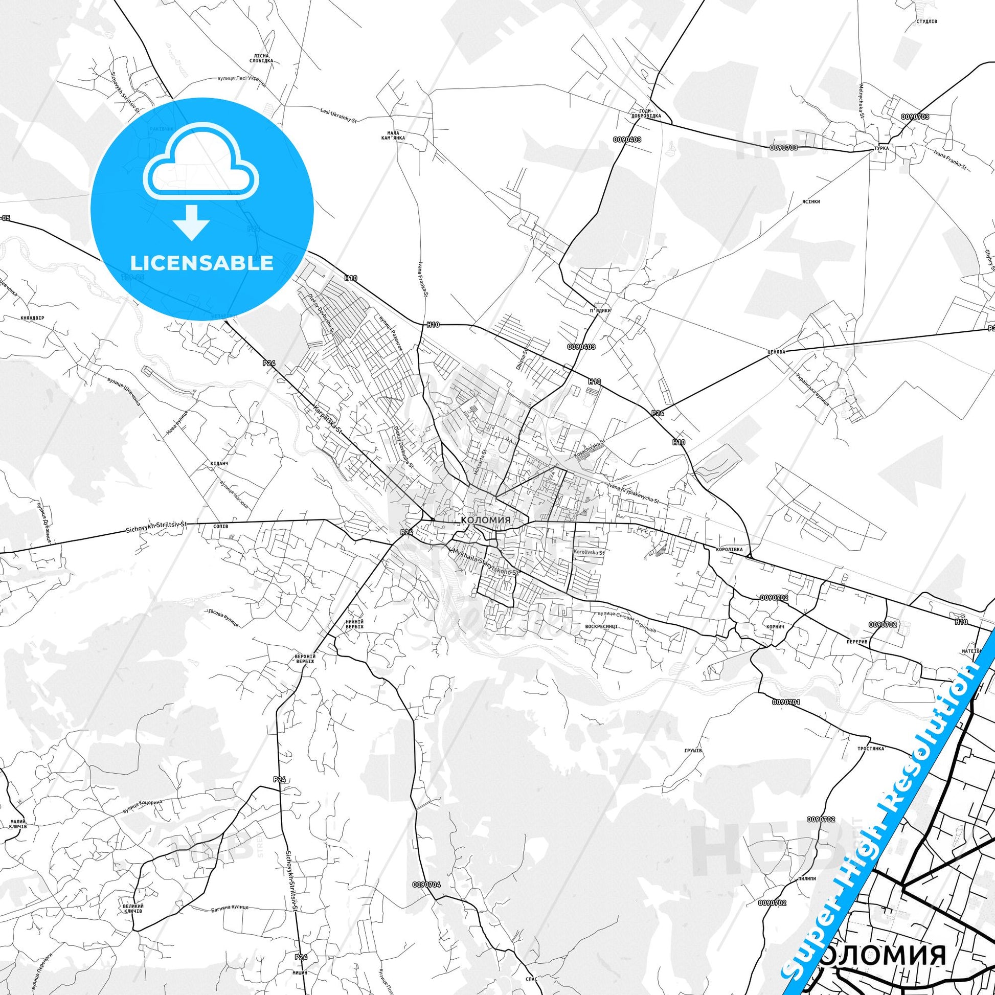 Kolomyia, Ukraine light map with streetnames, citynames and districts