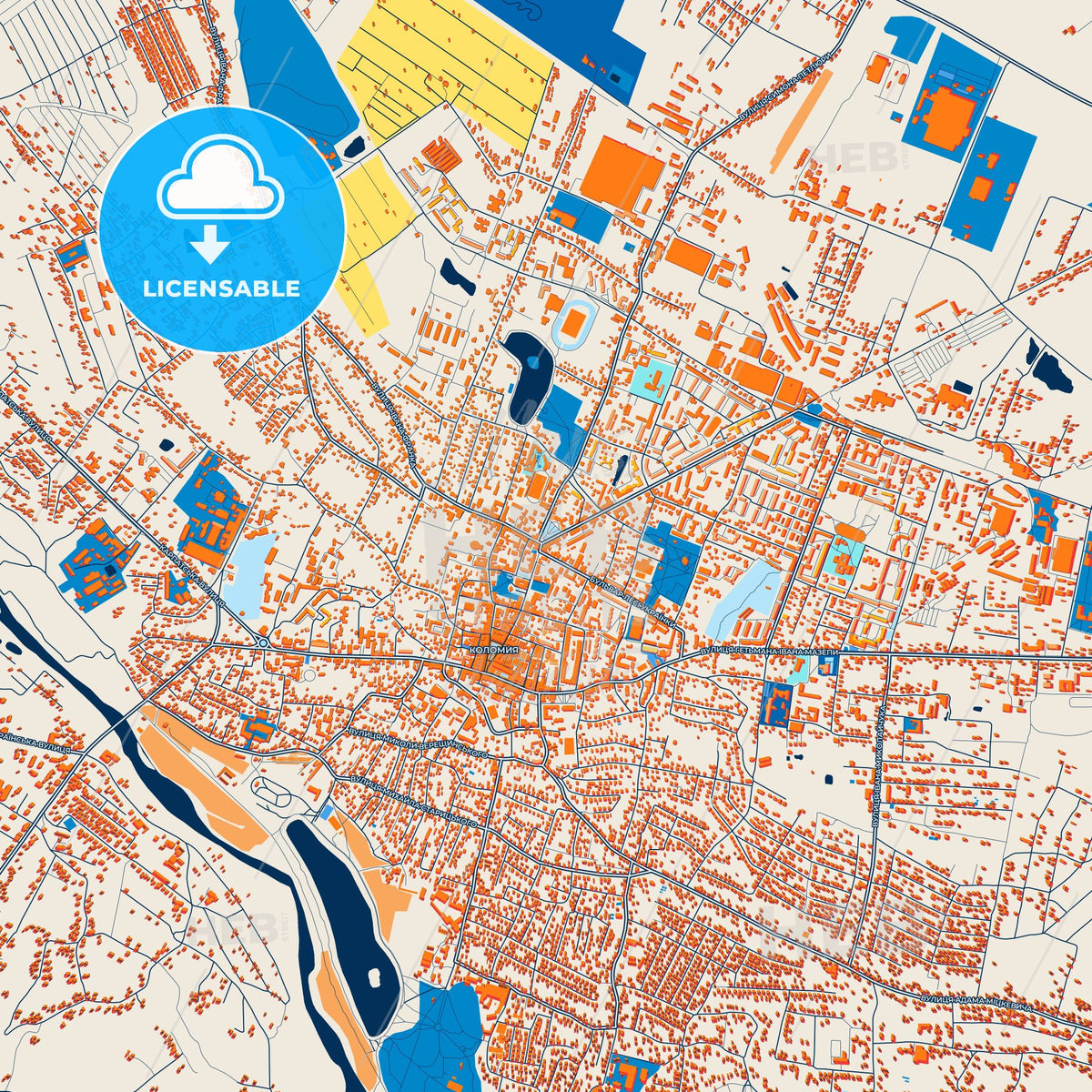 Colorful Kolomyia Street Map with Labels and Buildings