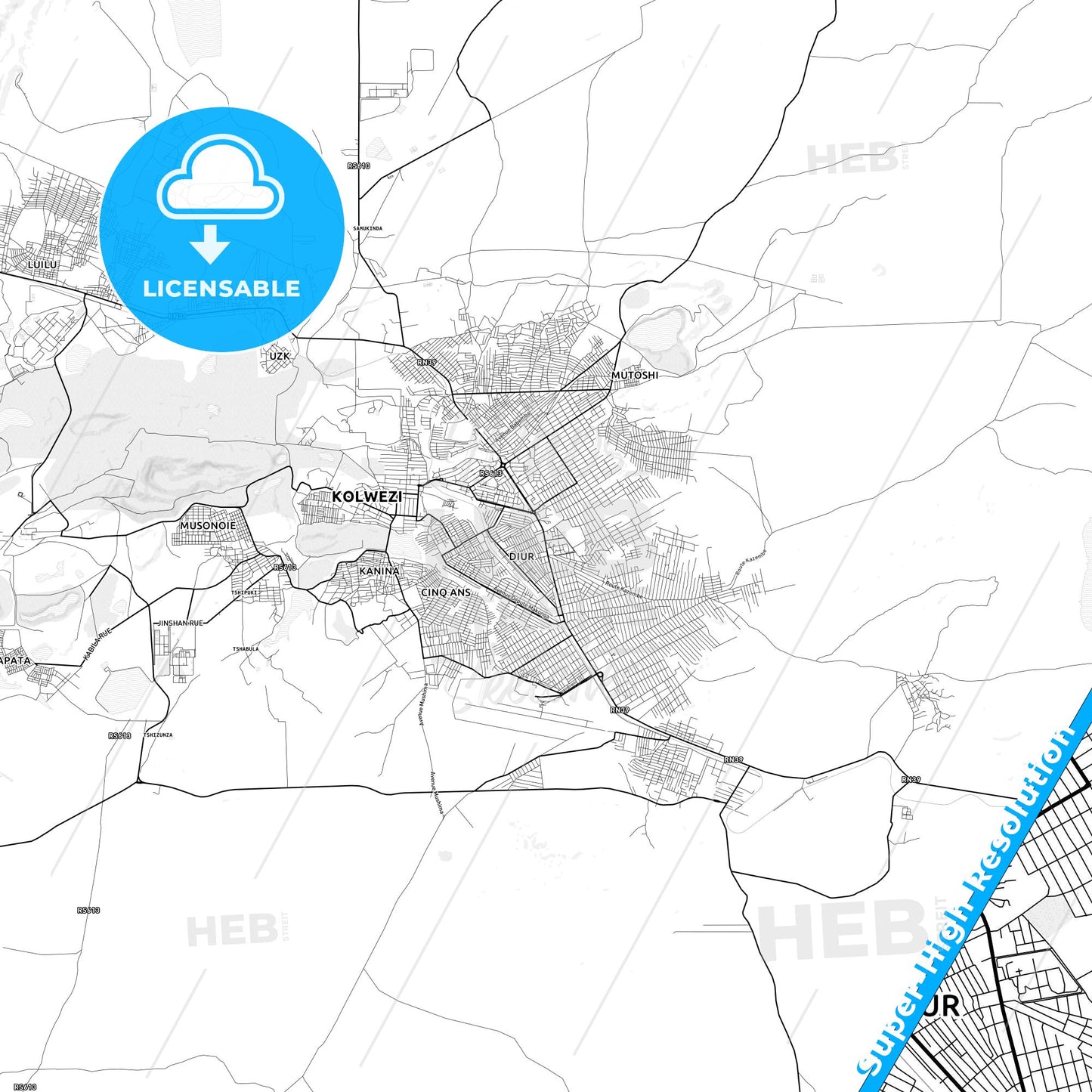 Kolwezi, DR Congo light map with streetnames, citynames and districts