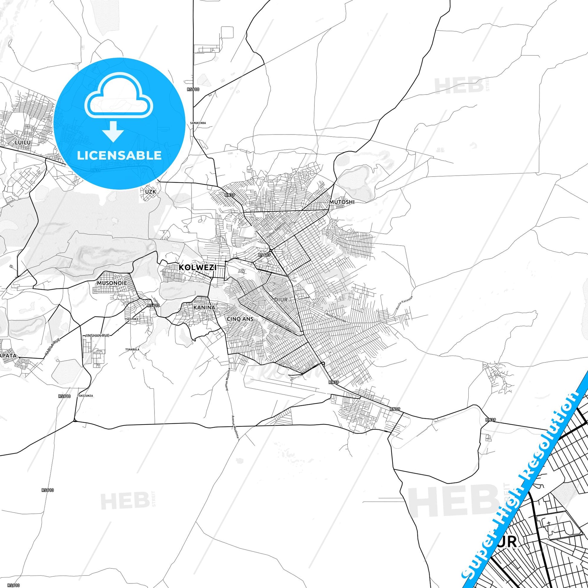 Kolwezi, DR Congo light map with streetnames, citynames and districts