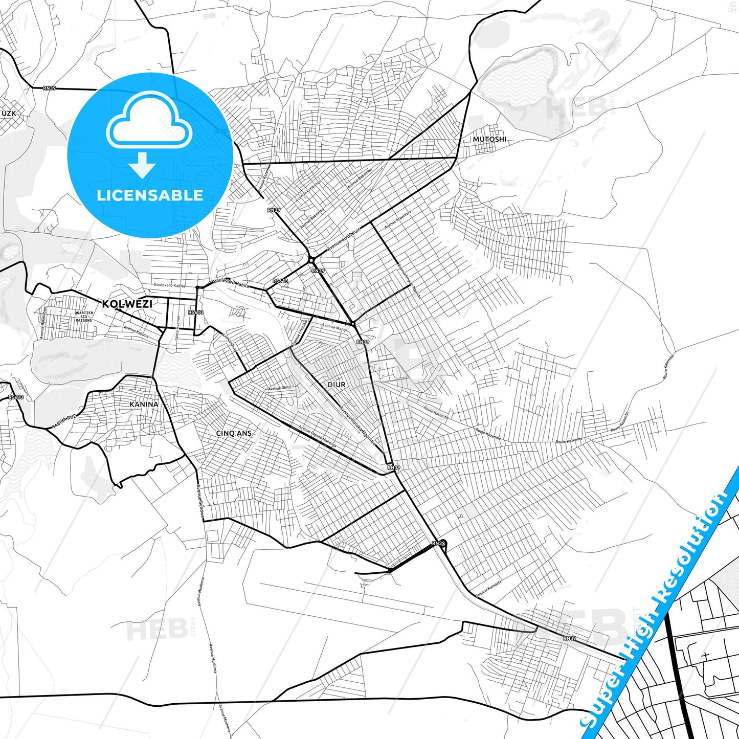 Kolwezi, DR Congo Light Map with Street Names, City Names, and Districts