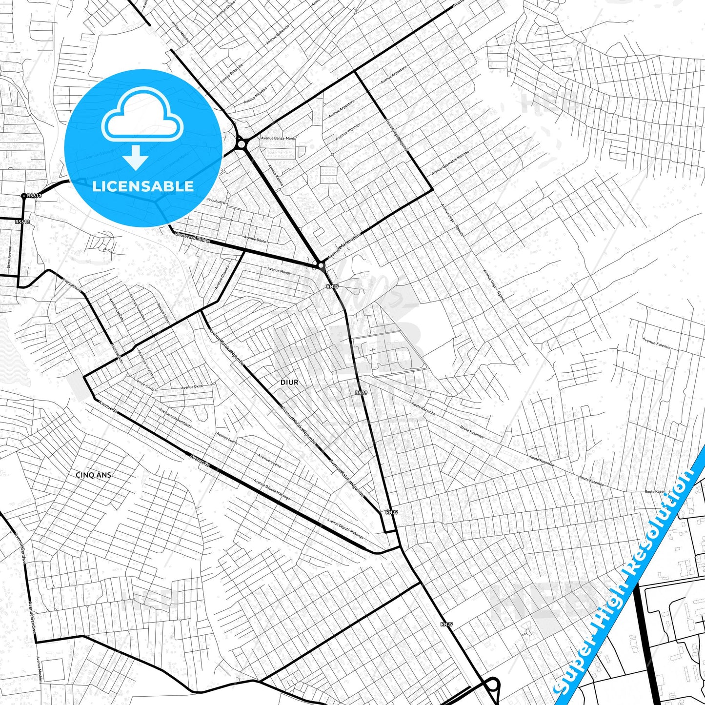 Kolwezi, DR Congo Light Map with Street Names, City Names, and Districts