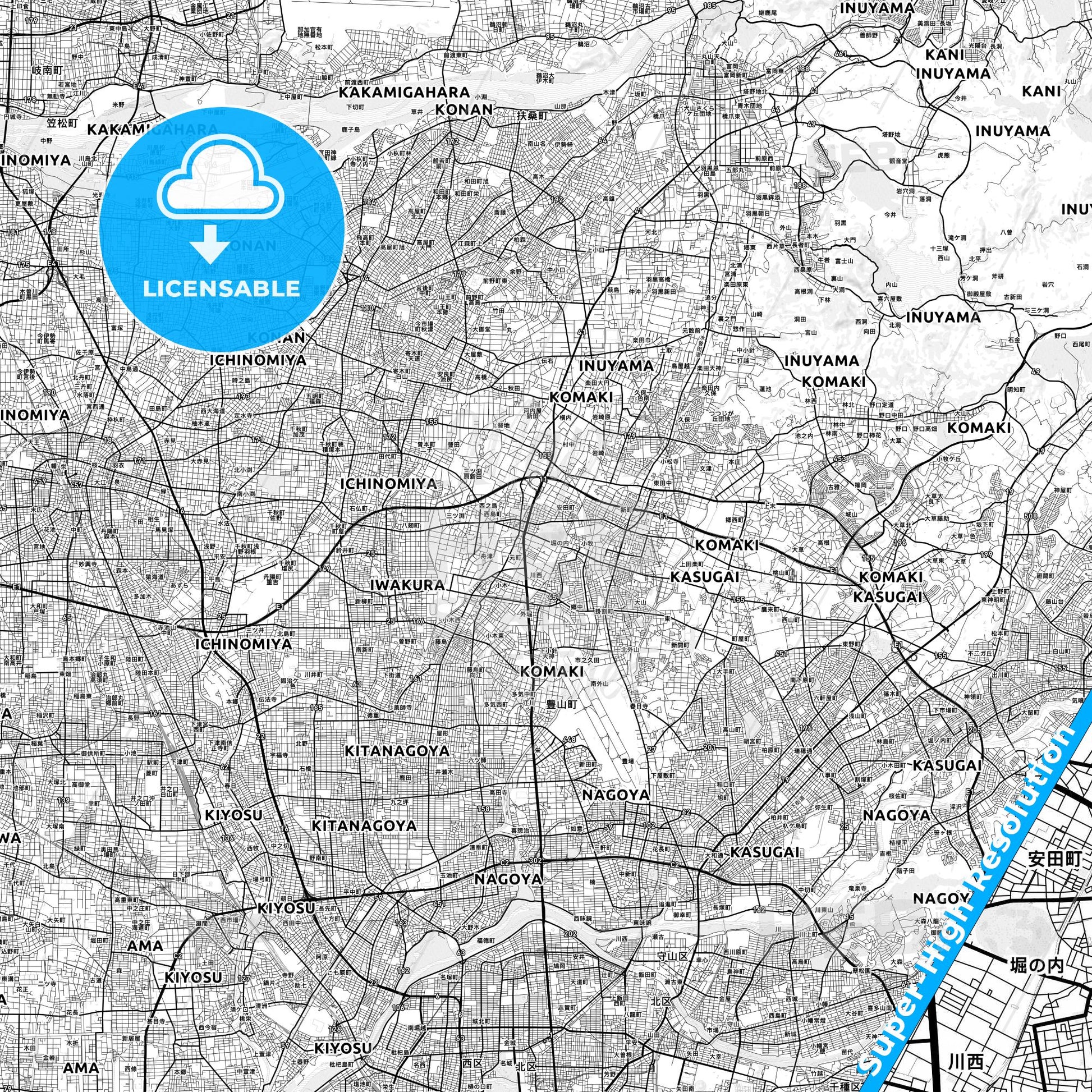 Komaki, Japan light map with streetnames, citynames and districts