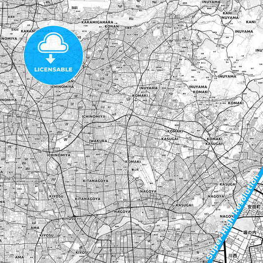 Komaki, Japan light map with streetnames, citynames and districts