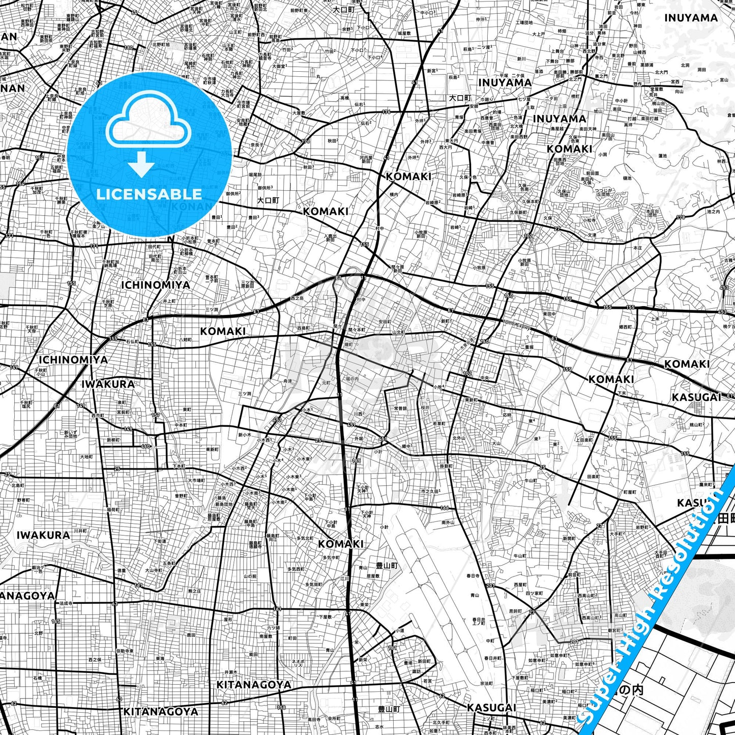 Komaki, Japan Light Map with Street Names, City Names, and Districts