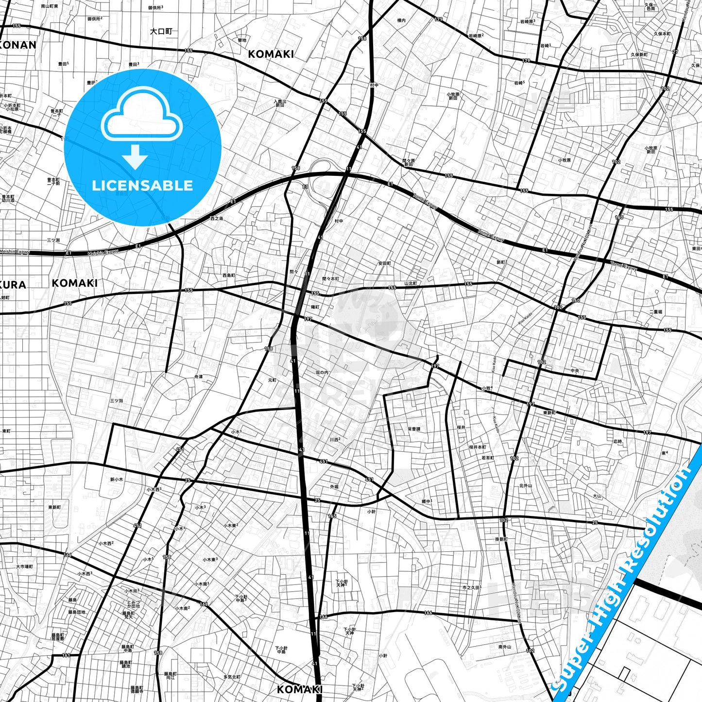 Komaki, Japan Light Map with Street Names, City Names, and Districts