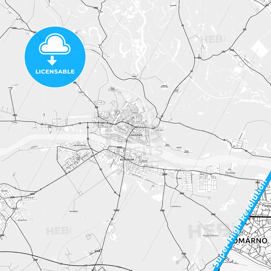 Komárno, Slovakia light map with streetnames, citynames and districts