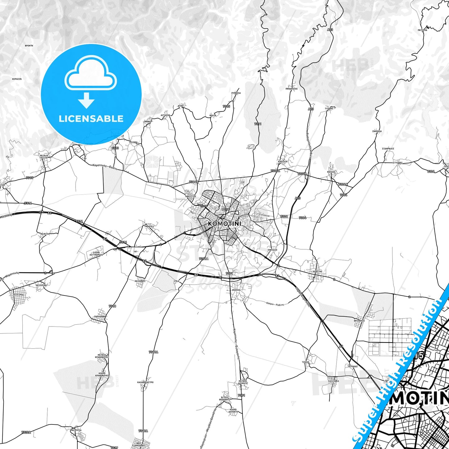 Komotini, Greece light map with streetnames, citynames and districts