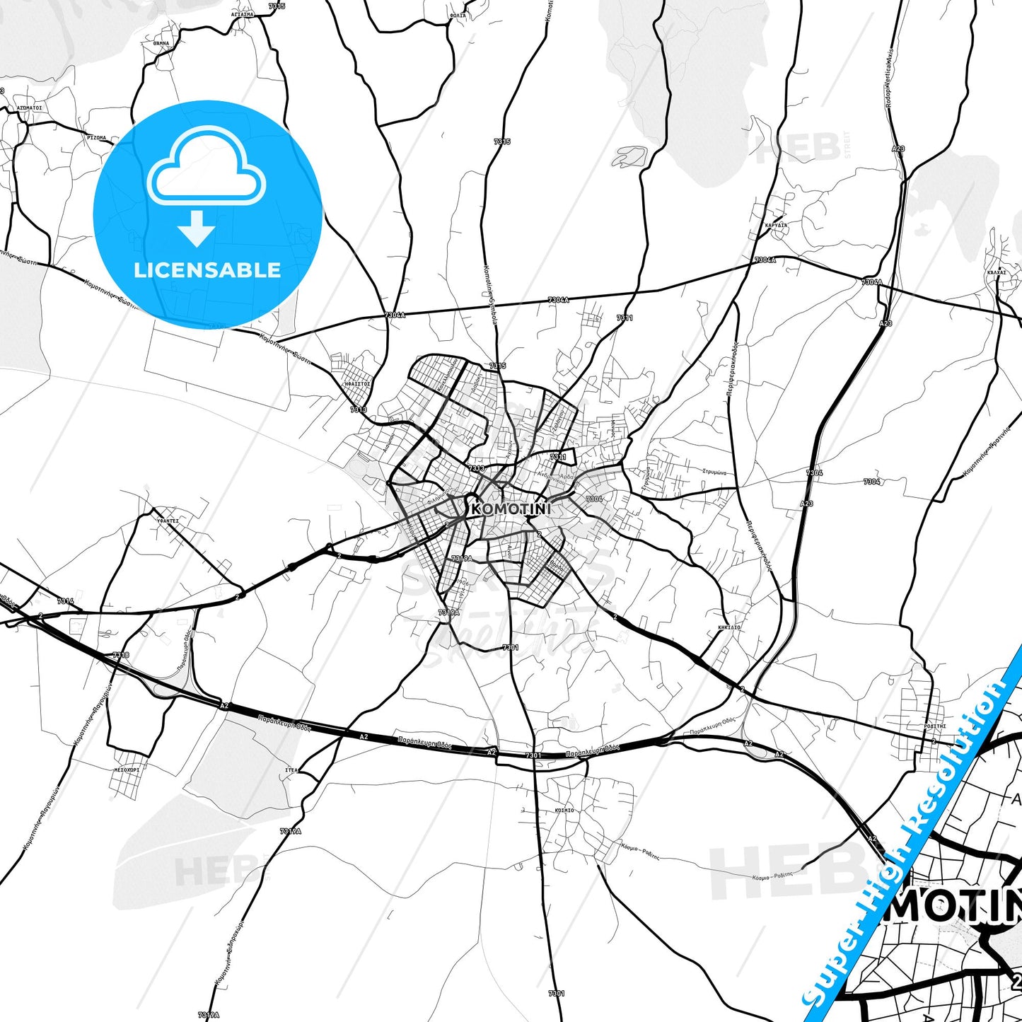 Komotini, Greece Light Map with Street Names, City Names, and Districts