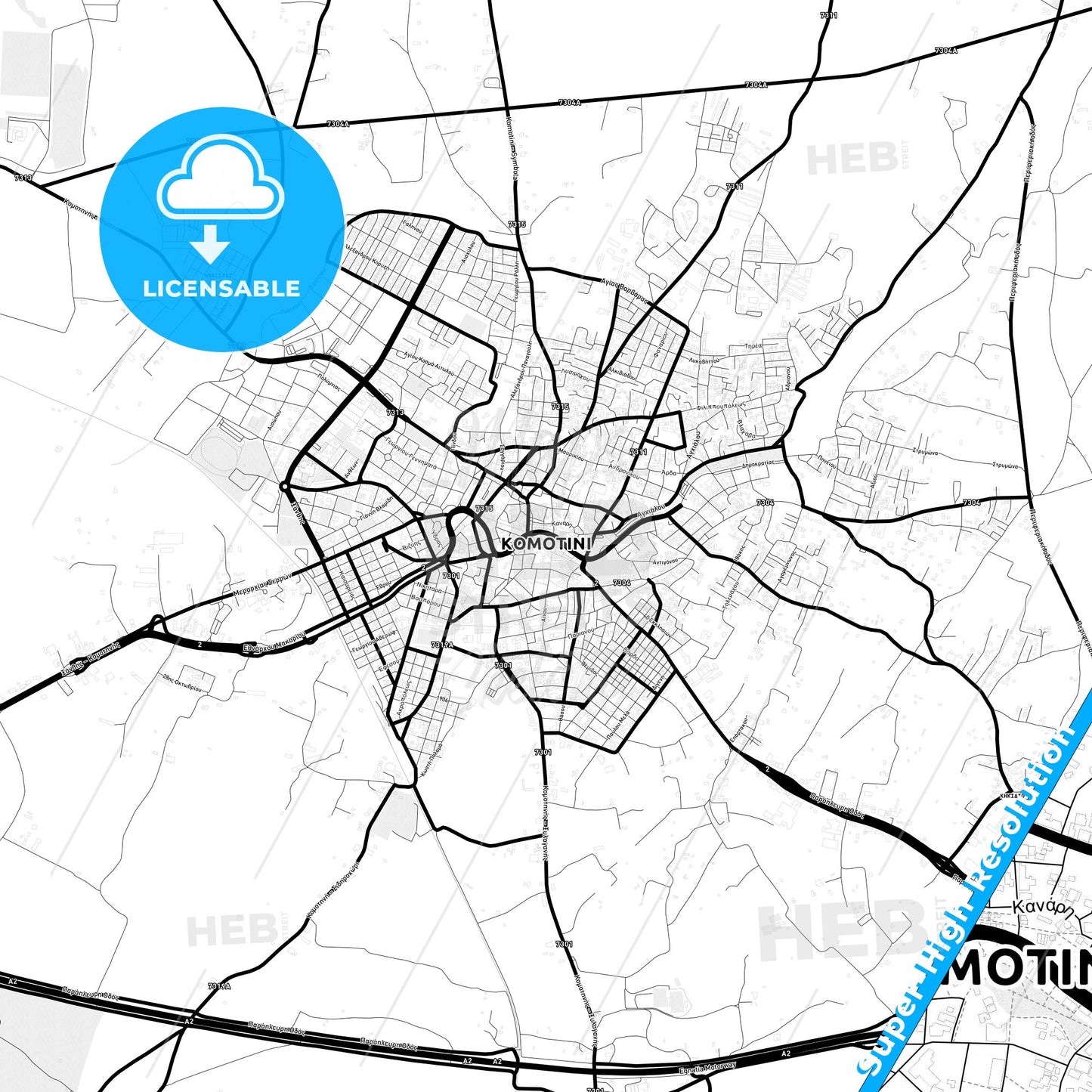 Komotini, Greece Light Map with Street Names, City Names, and Districts