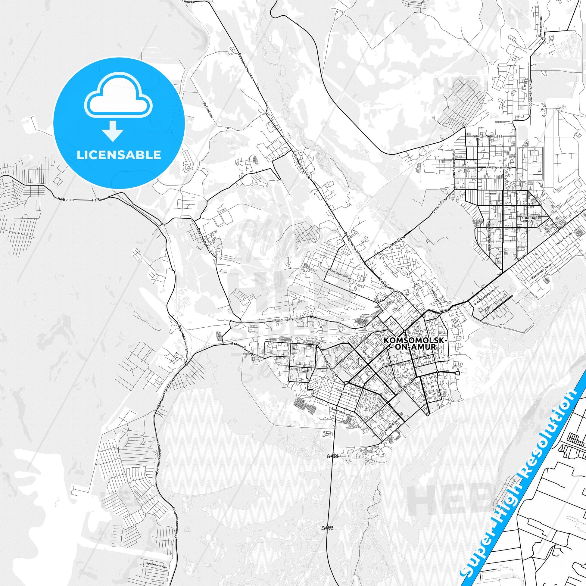 Komsomolsk-on-Amur, Russia light map with streetnames, citynames and districts