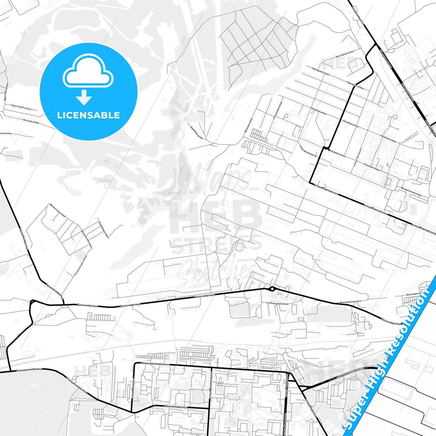 Komsomolsk-on-Amur, Russia Light Map with Street Names, City Names, and Districts