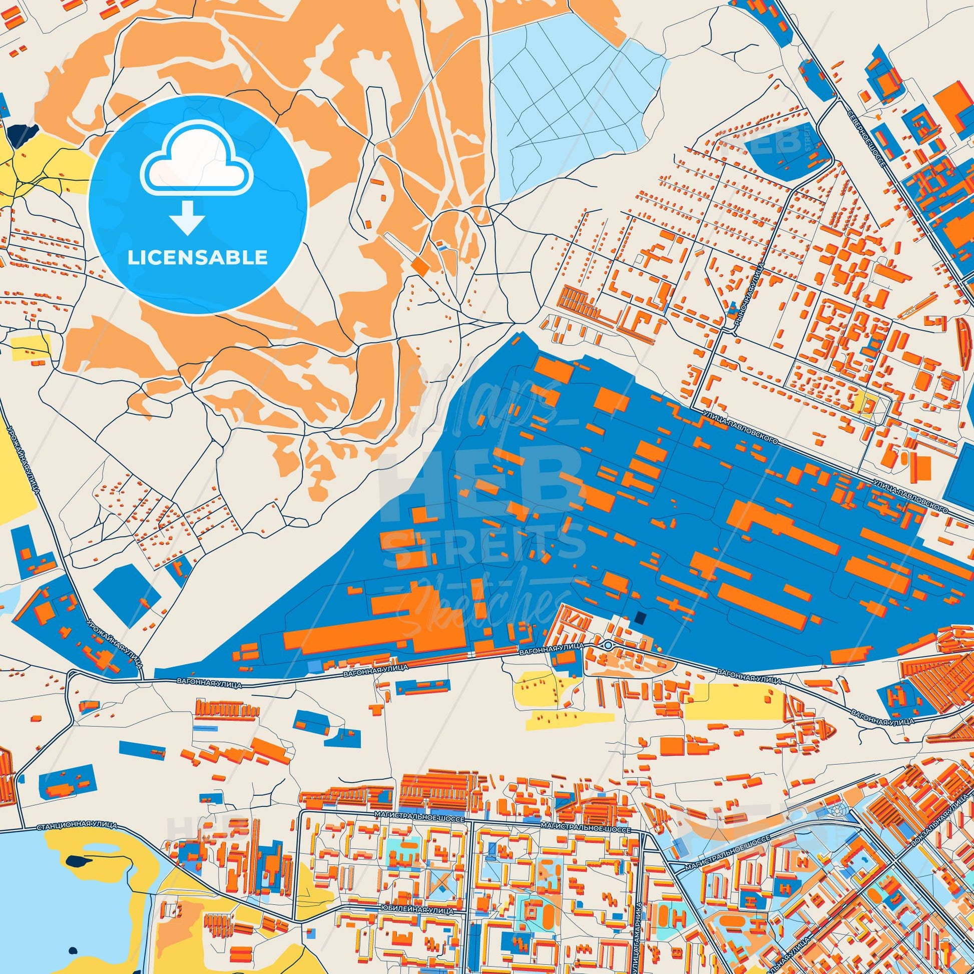 Colorful Komsomolsk-on-Amur Street Map with Labels and Buildings