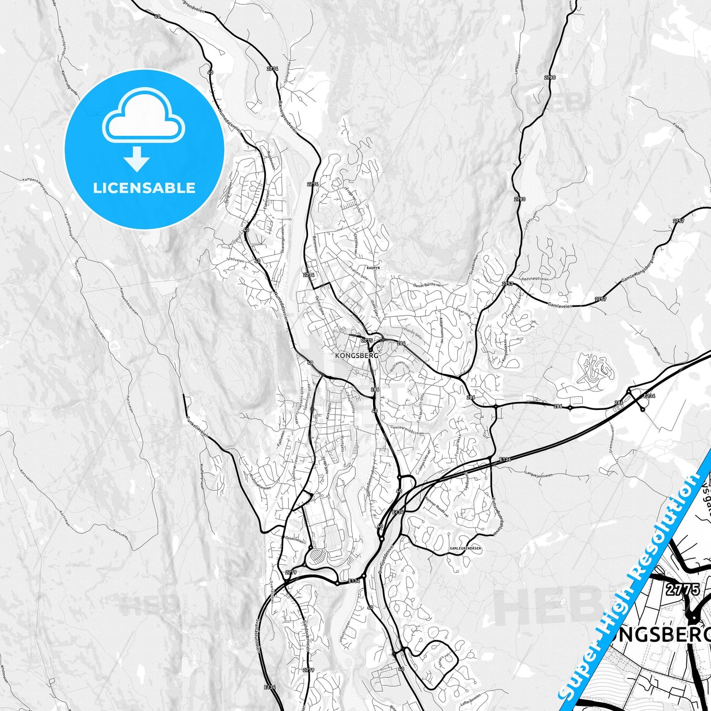 Kongsberg, Norway Light Map with Street Names, City Names, and Districts