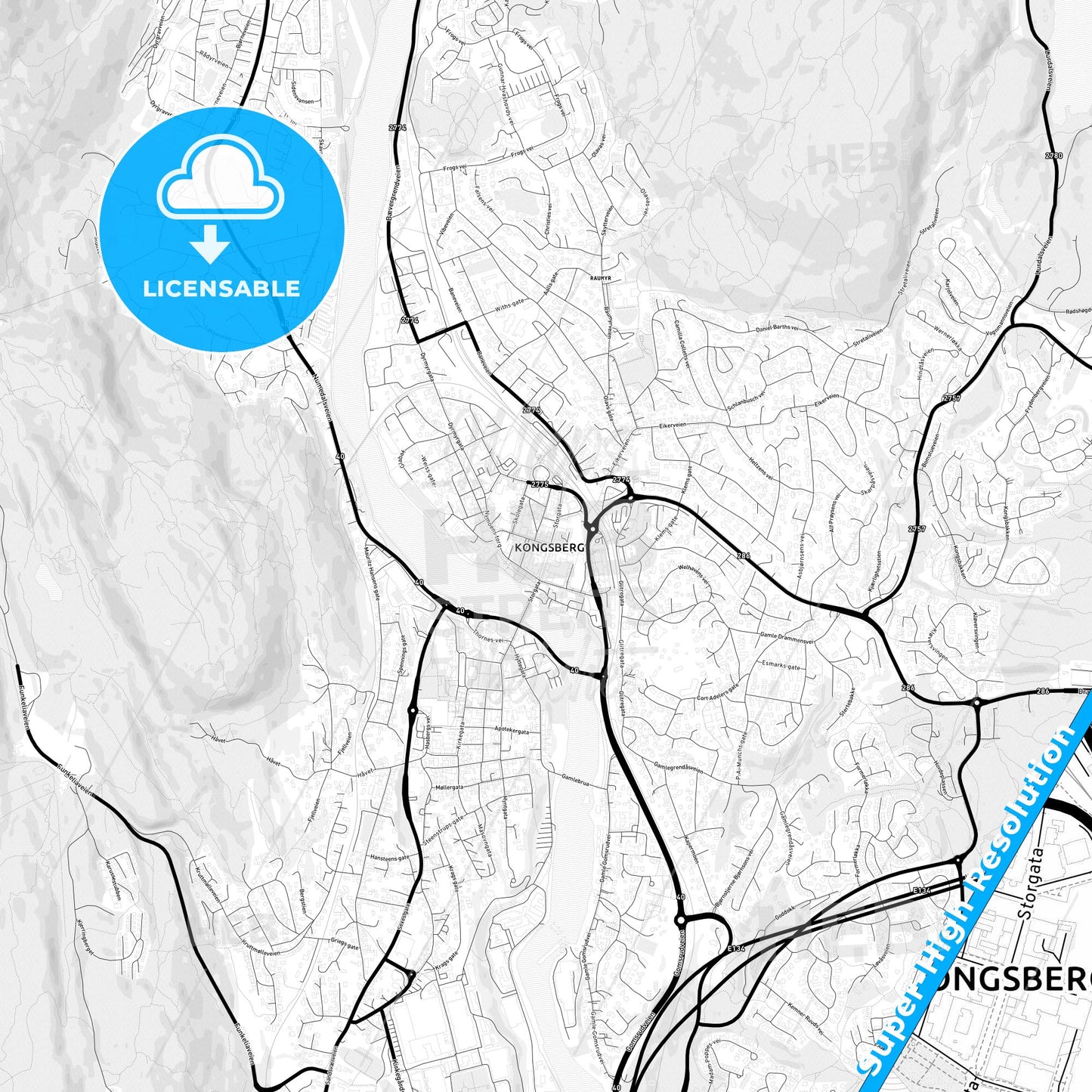 Kongsberg, Norway Light Map with Street Names, City Names, and Districts