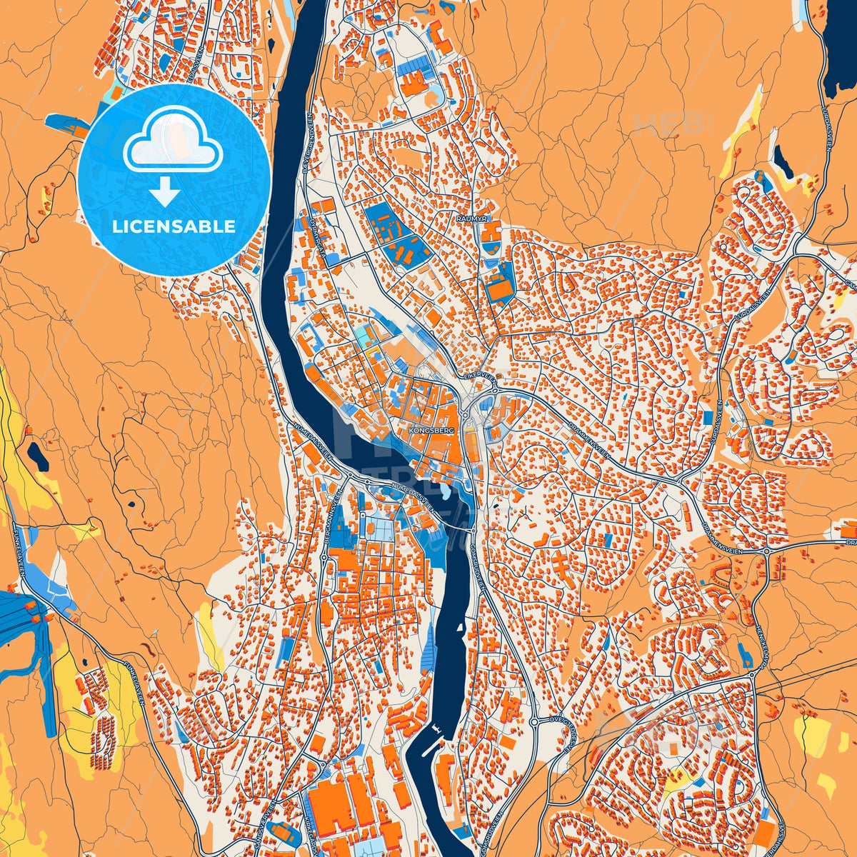 Colorful Kongsberg Street Map with Labels and Buildings