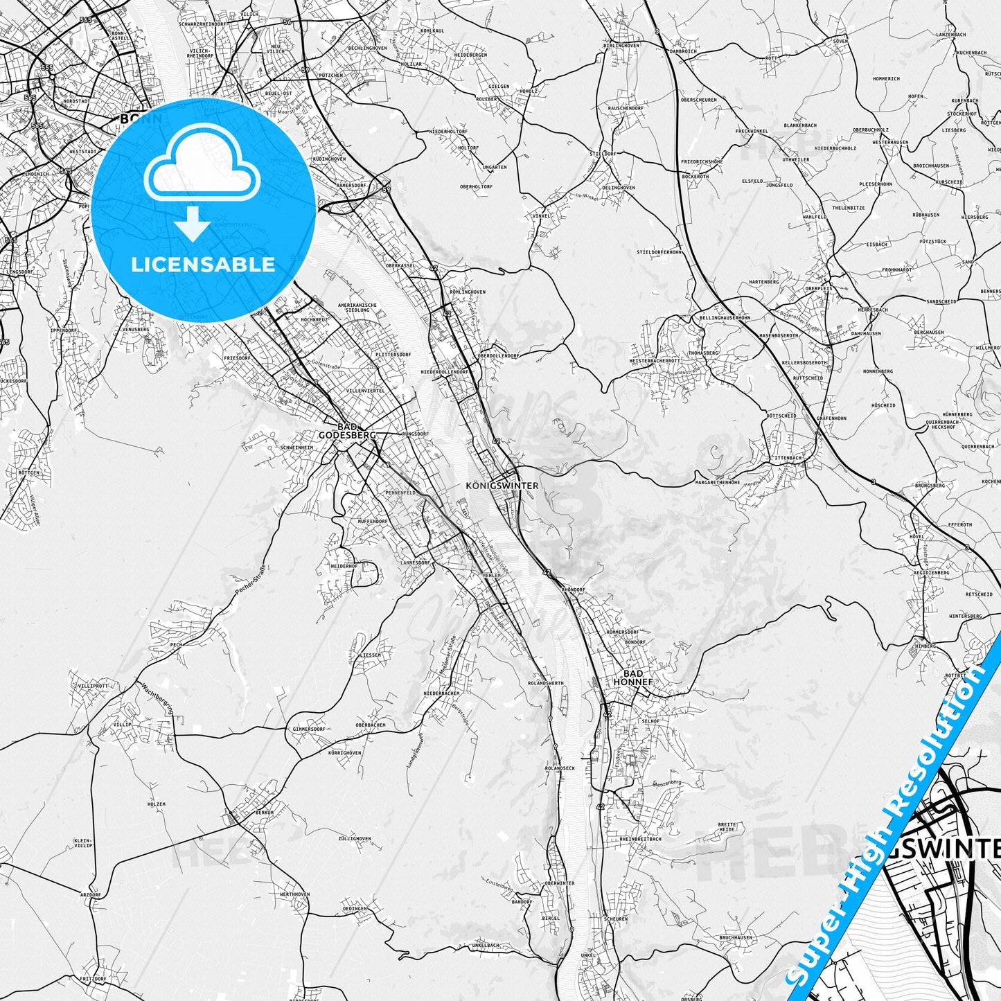 Konigswinter, Germany light map with streetnames, citynames and districts
