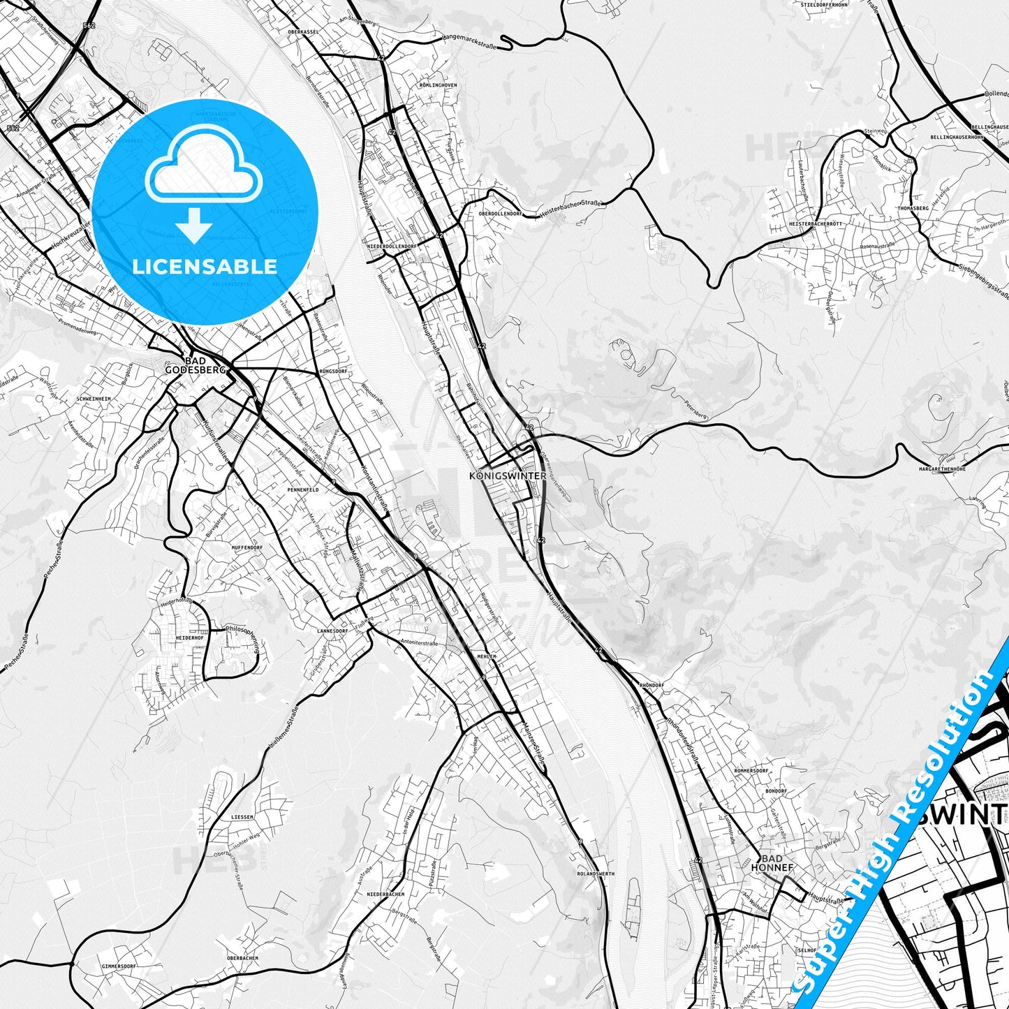 Konigswinter, Germany Light Map with Street Names, City Names, and Districts