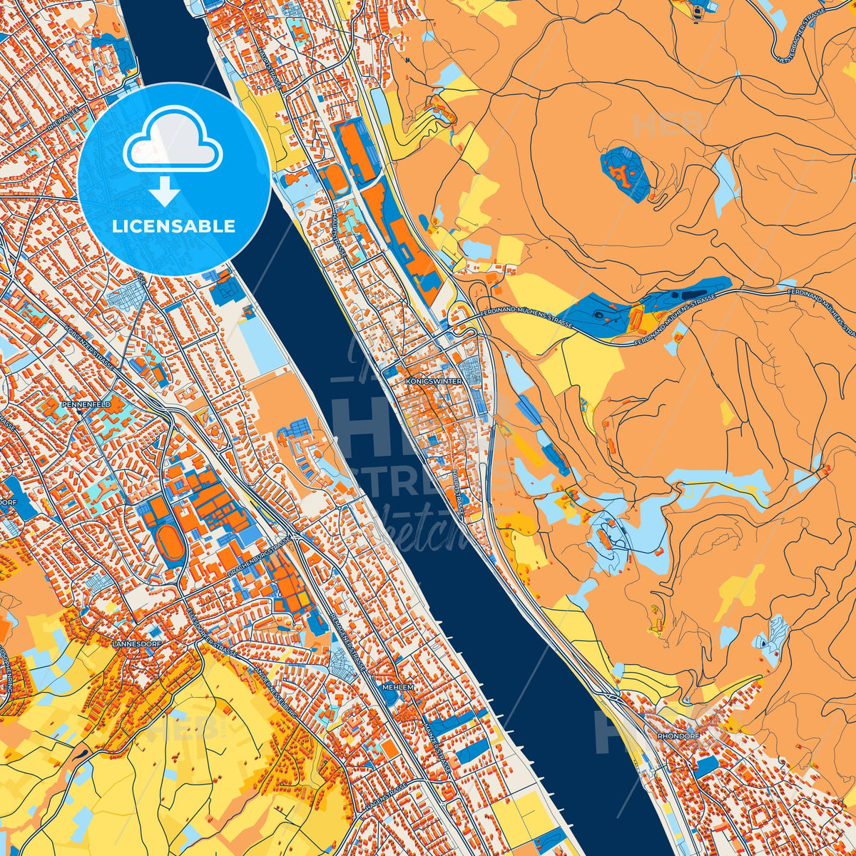 Colorful Konigswinter Street Map with Labels and Buildings