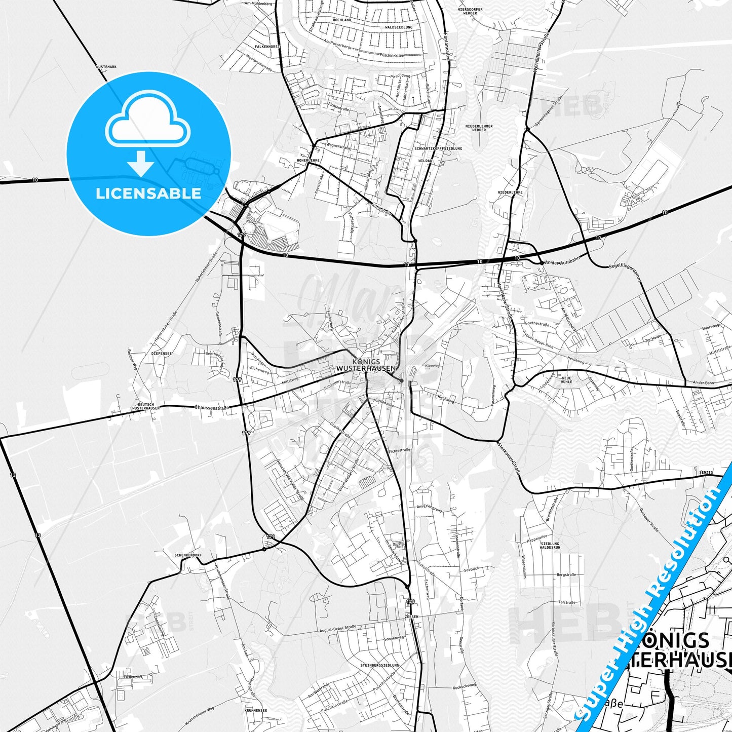 Konigs Wusterhausen, Germany Light Map with Street Names, City Names, and Districts
