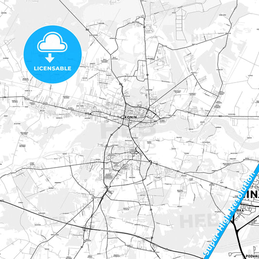 Konin, Poland light map with streetnames, citynames and districts