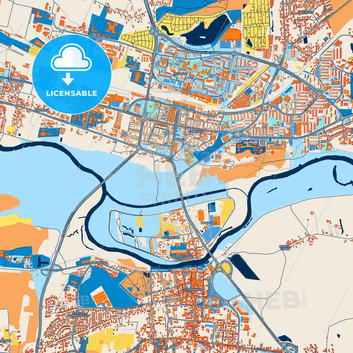 Colorful Konin Street Map with Labels and Buildings