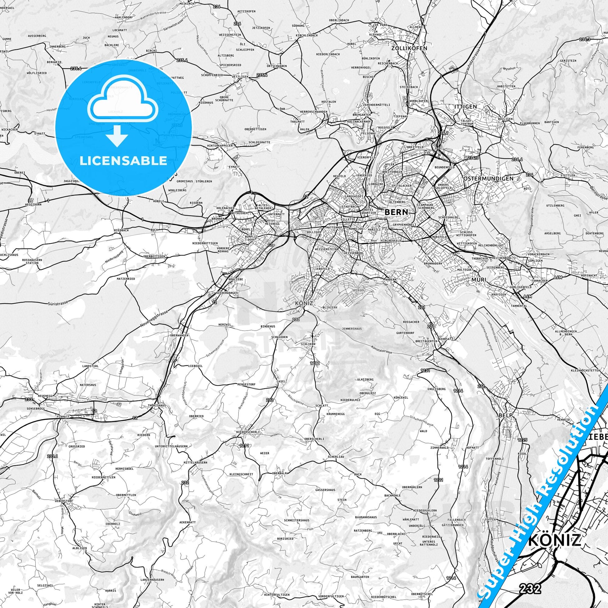 Köniz, Switzerland light map with streetnames, citynames and districts