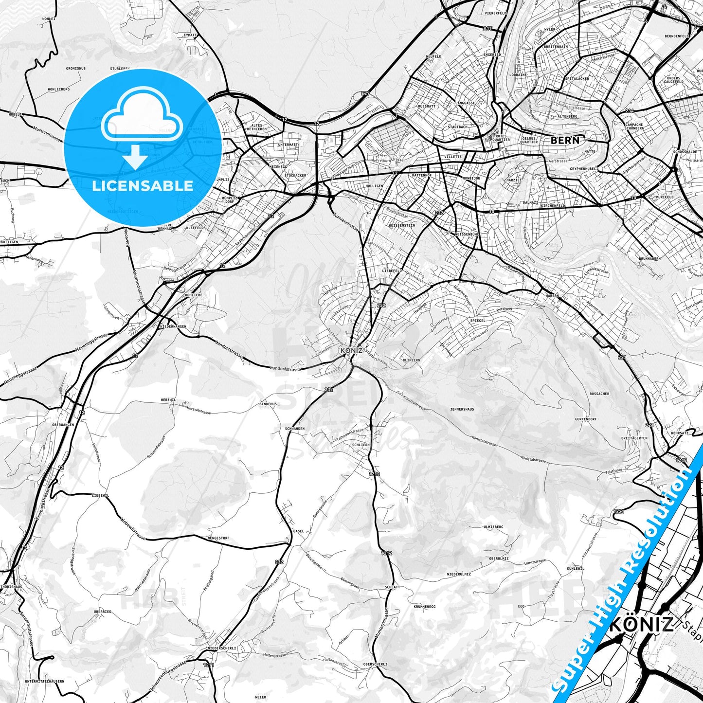 Köniz, Switzerland Light Map with Street Names, City Names, and Districts